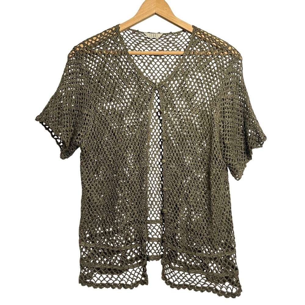 VTG Teddi Womens Open Crochet Brown Green‎ Short Sleeve Cardigan Cottagecore M